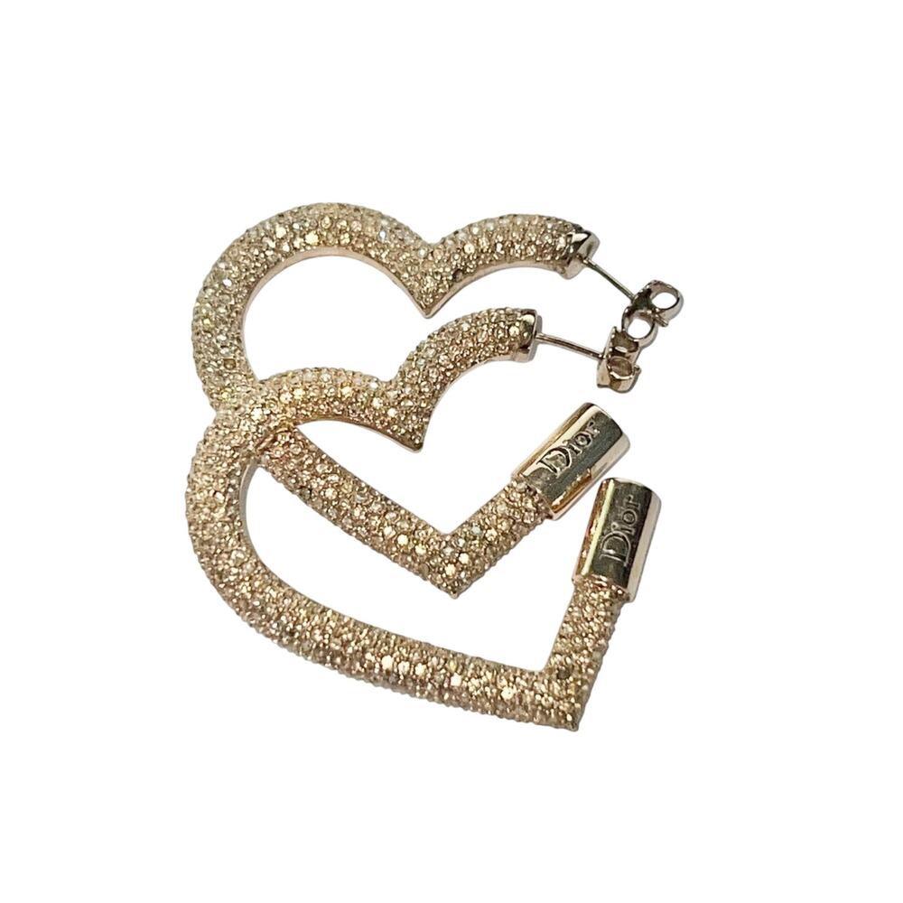 AUTH VTG Christian Dior Gold Rhinestone Crystal Heart Shape Logo Hoop Earrings